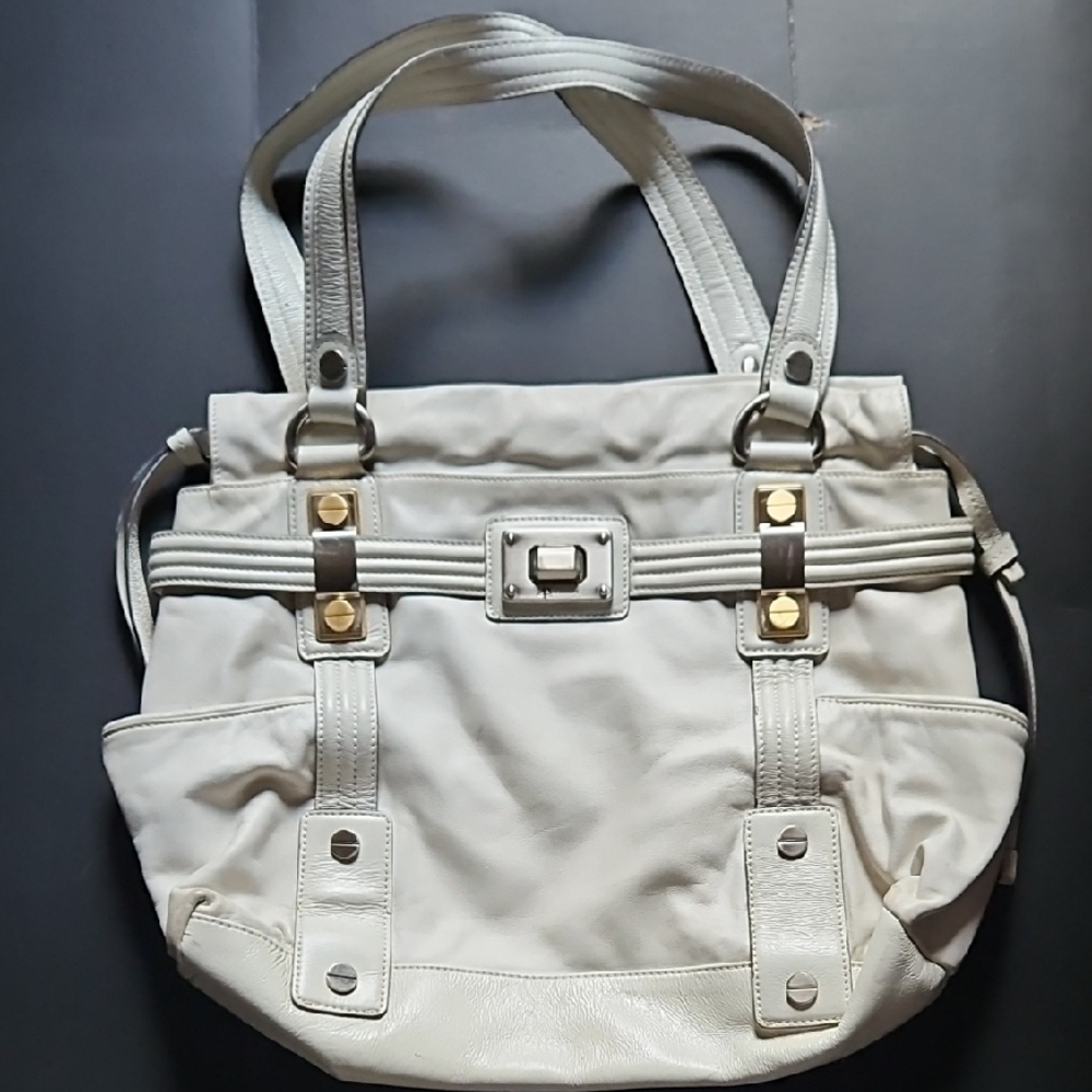 b. makowsky Cream Leather Hobo Tote with Gold Hardware